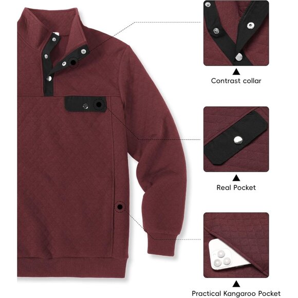 Men's Sweatshirt Quarter Button Pullover Sweatshirt Stand Collar Polo Wine Red - Picture 6 of 6